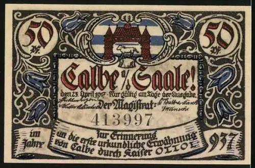 Notgeld Calbe a. d. Saale 1917, 50 Pfennig, Rückenansicht von Nachtwächter bei Mondschein, Wappen