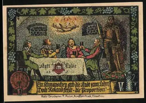 Notgeld Calbe a. d. Saale 1917, 50 Pfennig, Ratsherren bei einem Schmäuschen, Roland