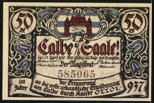 Notgeld Calbe a. d. Saale 1917, 50 Pfennig, Bildhauer bearbeitet Skulptur