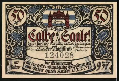 Notgeld Calbe a. d. Saale 1917, 50 Pfennig, Holzstechermeister findet Baumstamm
