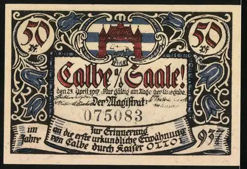 Notgeld Calbe a. d. Saale 1917, 50 Pfennig, Holzstecher mit Axt am Baum