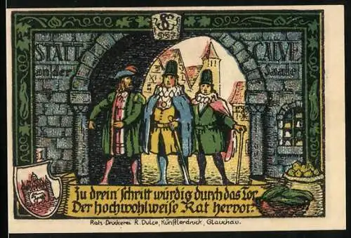Notgeld Calbe a. d. Saale 1917, 50 Pfennig, Ratsherren gehen durch Tor, Wappen