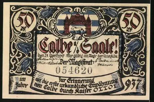 Notgeld Calbe a. d. Saale 1917, 50 Pfennig, Ratsherren gehen durch Tor, Wappen