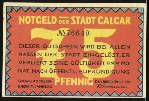 Notgeld Calcar 1922, 75 Pfennig, Ritter mit Stadtwappen