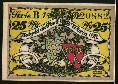 Notgeld Warin i. M. 1922, 25 Pfennig, Wappen, Ortsansicht
