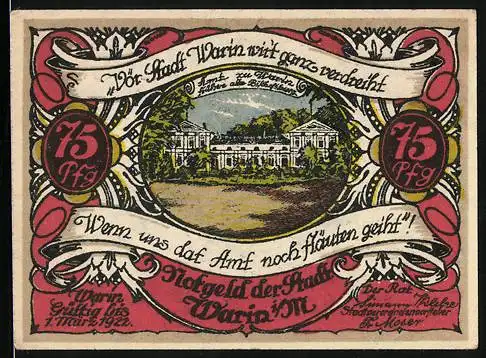 Notgeld Warin i. M. 1922, 75 Pfennig, Wappen, Amtsgebäude
