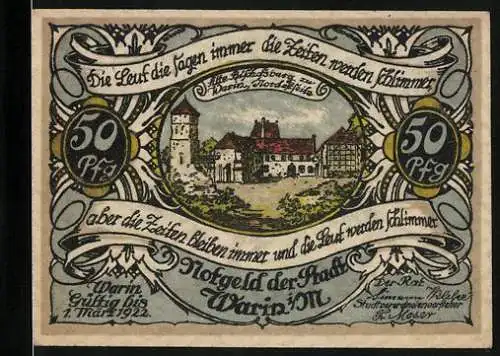 Notgeld Warin i. M. 1922, 50 Pfennig, Wappen, Alte Bischofsburg