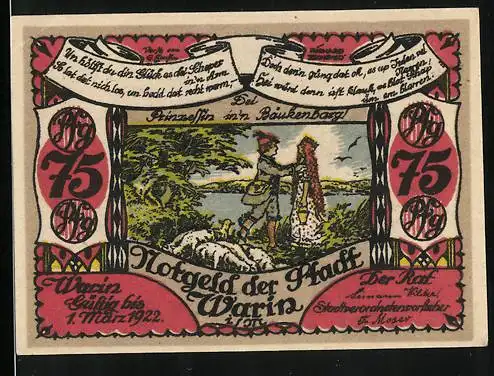 Notgeld Warin i. M. 1922, 75 Pfennig, Wappen, Prinzessin in`n Bäukenbarg mit Schäfer