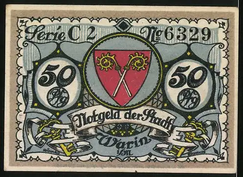 Notgeld Warin i. M. 1922, 50 Pfennig, Wappen, Prinzessin in`n Bäukenbarg mit Zwergen