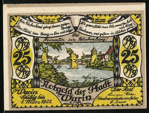 Notgeld Warin i. M. 1922, 25 Pfennig, Wappen, Prinzessin in`n Bäukenbarg, Kippende Türme