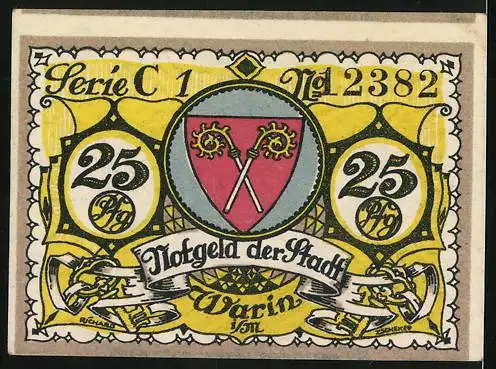 Notgeld Warin i. M. 1922, 25 Pfennig, Wappen, Prinzessin in`n Bäukenbarg, Kippende Türme