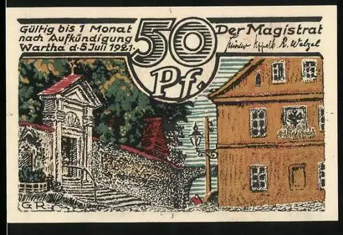 Notgeld Wartha i. Schl. 1921, 50 Pfennig, Ortspartie mit Polizei-Magistrat und Wallfahrtskirche, Maria mit Kind