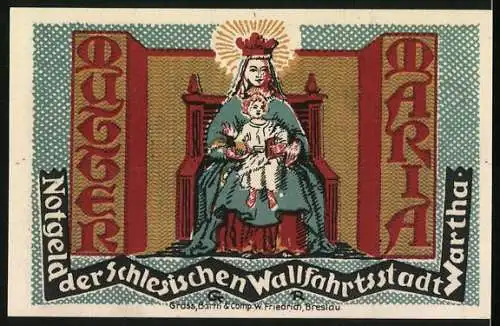 Notgeld Wartha i. Schl. 1921, 50 Pfennig, Ortspartie mit Polizei-Magistrat und Wallfahrtskirche, Maria mit Kind