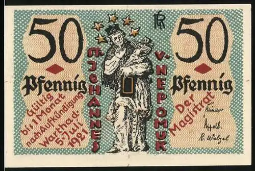 Notgeld Wartha i. Schl. 1921, 50 Pfennig, Johannes von Nepomuk, Maria mit Kind