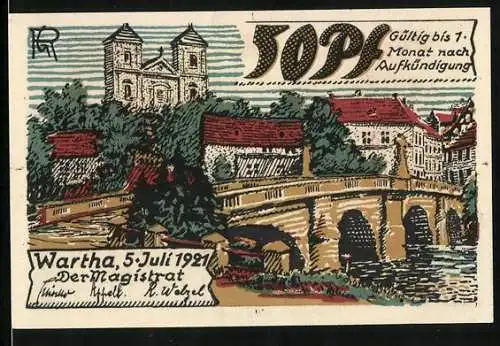 Notgeld Wartha i. Schl. 1921, 50 Pfennig, Ortspartie mit Brücke und Wallfahrtskirche, Maria mit Kind