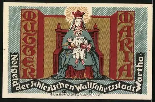Notgeld Wartha i. Schl. 1921, 50 Pfennig, Ortspartie mit Brücke und Wallfahrtskirche, Maria mit Kind
