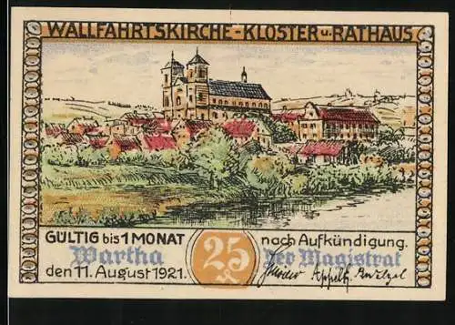 Notgeld Wartha i. Schl. 1921, 25 Pfennig, Wappen, Wallfahrtskirche, Kloster u. Rathaus