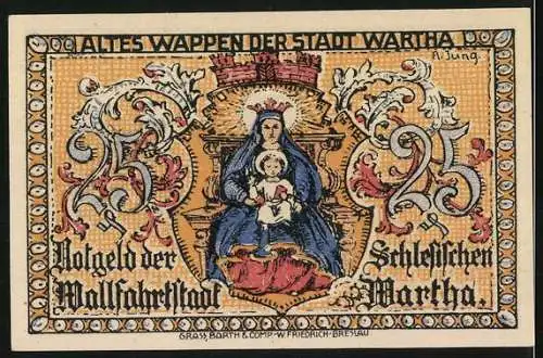 Notgeld Wartha i. Schl. 1921, 25 Pfennig, Wappen, Wallfahrtskirche, Kloster u. Rathaus