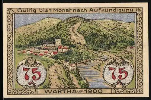 Notgeld Wartha i. Schl. 1921, 75 Pfennig, Wappen, Wartha um 1900, Engelsfiguren, Gesamtansicht