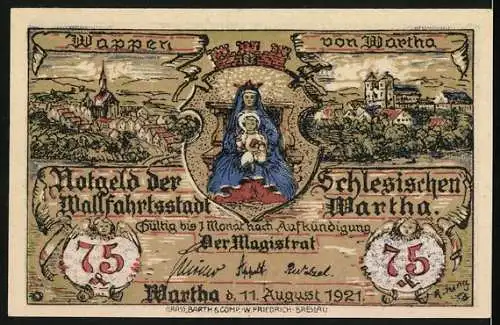 Notgeld Wartha i. Schl. 1921, 75 Pfennig, Wappen, Wartha um 1900, Engelsfiguren, Gesamtansicht