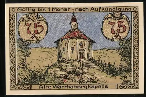 Notgeld Wartha i. Schl. 1921, 75 Pfennig, Wappen, Alte Warthabergkapelle