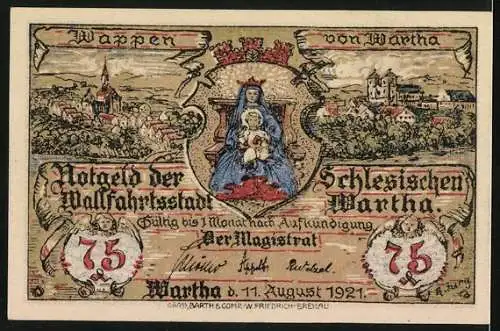 Notgeld Wartha i. Schl. 1921, 75 Pfennig, Wappen, Alte Warthabergkapelle