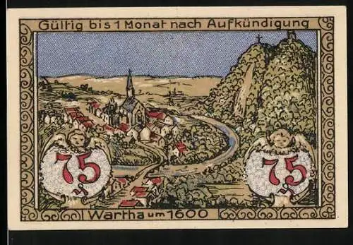 Notgeld Wartha i. Schl. 1921, 75 Pfennig, Wappen, Wartha um 1600, Gesamtansicht