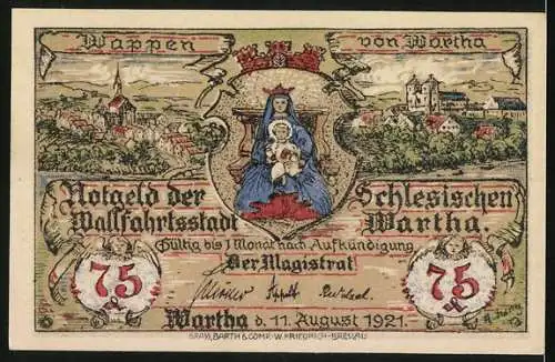 Notgeld Wartha i. Schl. 1921, 75 Pfennig, Wappen, Alte Neissebrücke
