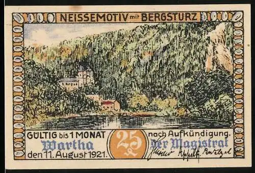 Notgeld Wartha i. Schl. 1921, 25 Pfennig, Wappen, Neissemotiv mit Bergsturz