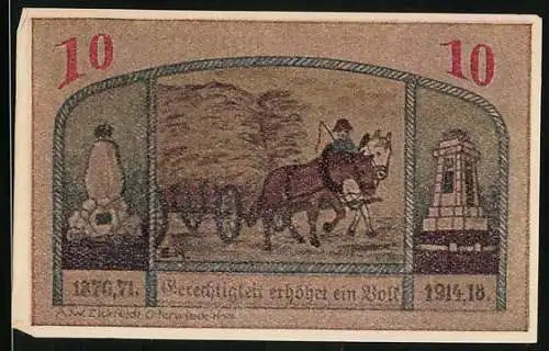 Notgeld Wasserleben, 10 Pfennig, Kriegerdenkmäler, Bauer mit Heuwagen