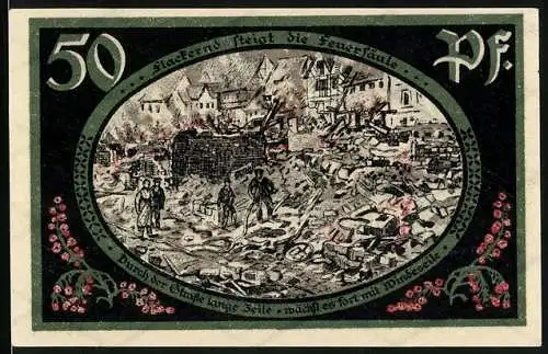 Notgeld Wasungen 1921, 50 Pfennig, Amtsgericht, Brand und Ruinen
