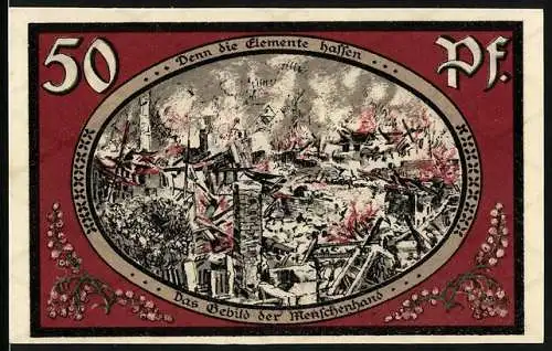 Notgeld Wasungen 1921, 50 Pfennig, Brand und Ruinen, Burg Maienlust