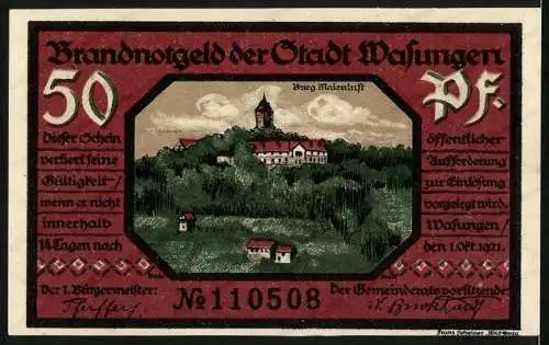 Notgeld Wasungen 1921, 50 Pfennig, Brand und Ruinen, Burg Maienlust