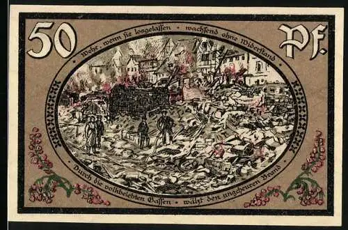 Notgeld Wasungen 1921, 50 Pfennig, Brand und Ruinen, Meyhenhof