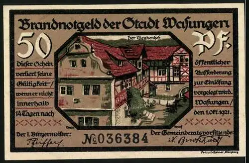 Notgeld Wasungen 1921, 50 Pfennig, Brand und Ruinen, Meyhenhof