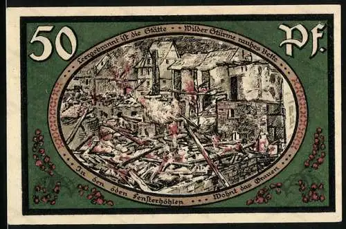 Notgeld Wasungen 1921, 50 Pfennig, Brand und Ruinen, Urkunde aus dem Stadtarchiv