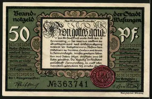 Notgeld Wasungen 1921, 50 Pfennig, Brand und Ruinen, Urkunde aus dem Stadtarchiv