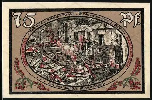 Notgeld Wasungen 1921, 75 Pfennig, Brand und Ruinen, Rathaus