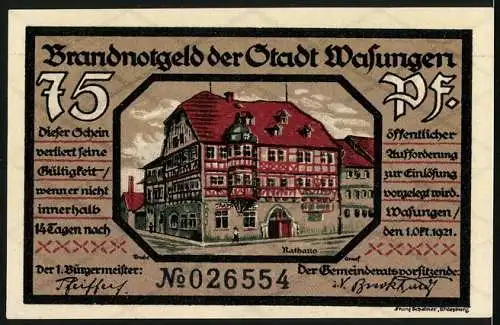 Notgeld Wasungen 1921, 75 Pfennig, Brand und Ruinen, Rathaus