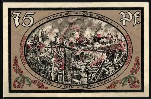 Notgeld Wasungen 1921, 75 Pfennig, Brand und Ruinen, Damenstift