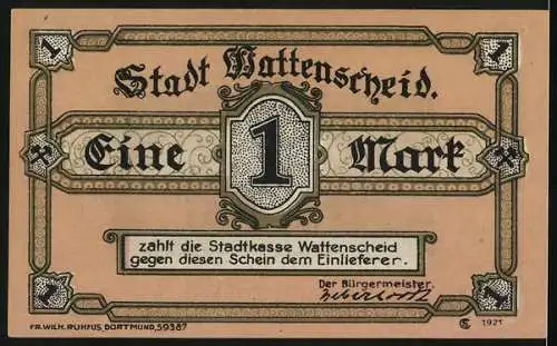 Notgeld Wattenscheid, 1 Mark, Bergarbeiter mit Bohrer unter Tage