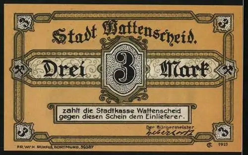 Notgeld Wattenscheid, 3 Mark, Bergarbeiter vor Zeche