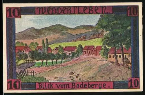 Notgeld Weddersleben 1921, 10 Pfennig, Ortsansicht vom Bodeberge