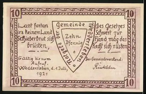 Notgeld Weddersleben 1921, 10 Pfennig, Ortsansicht vom Bodeberge