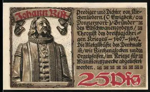 Notgeld Wedel 1921, 25 Pfennig, Wappen, Johann Rist