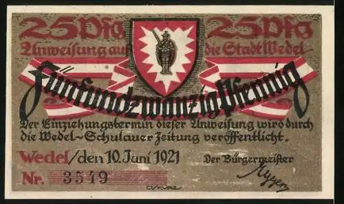 Notgeld Wedel 1921, 25 Pfennig, Wappen, Johann Rist