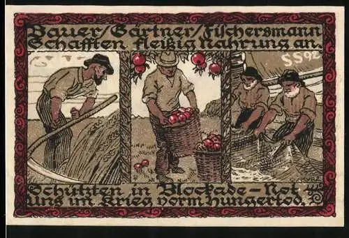 Notgeld Wedel 1921, 1 Mark, Wappen, Bauer, Fischer und Gärtner bei der Arbeit