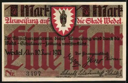 Notgeld Wedel 1921, 1 Mark, Wappen, Bauer, Fischer und Gärtner bei der Arbeit