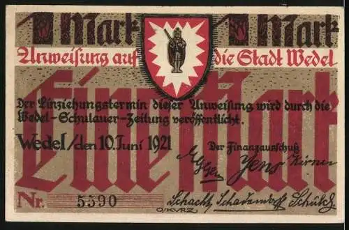 Notgeld Wedel 1921, 1 Mark, Wappen, Bauer, Fischer und Gärtner bei der Arbeit