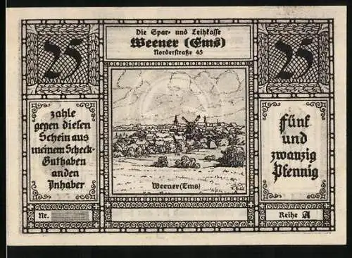 Notgeld Weener /Ems 1922, 25 Pfennig, Ortsansicht, Wappen, Rheiderländische Volkstracht